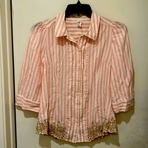🔥PINK & WHITE STRIPE BUTTON UP 3/4 SLEEVE BARBIECORE SUMMERTIME TOP